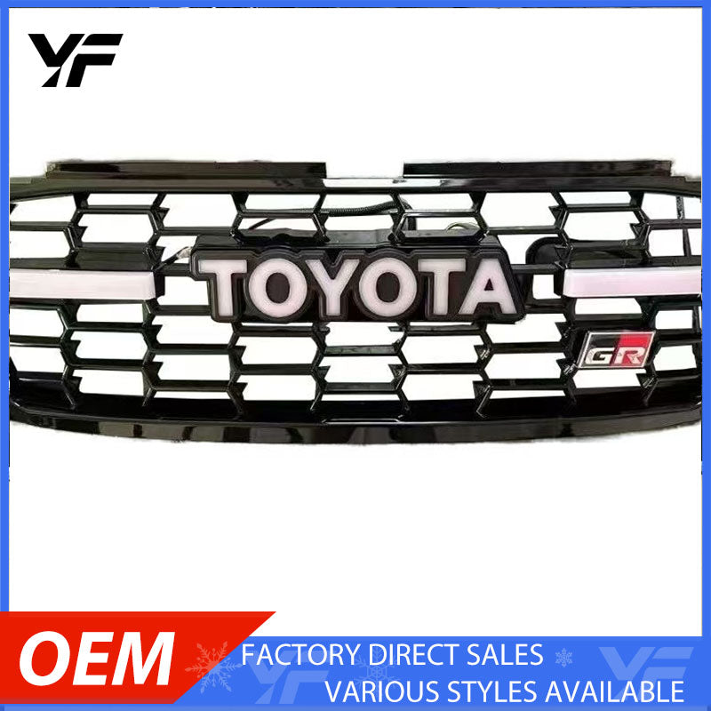 Retro grille upgrade for 14-17 year old Toyota Prado, featuring TOYOTA lettering and integrated lighting.